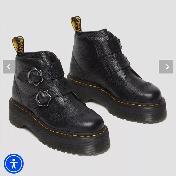 Black Leather Platform Boots with Buckle Details - Picture 1 of 3